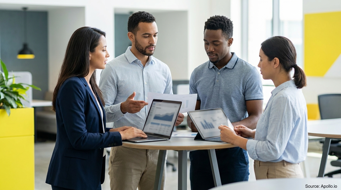 Four professionals discussing data on laptops and tablets in a modern office.