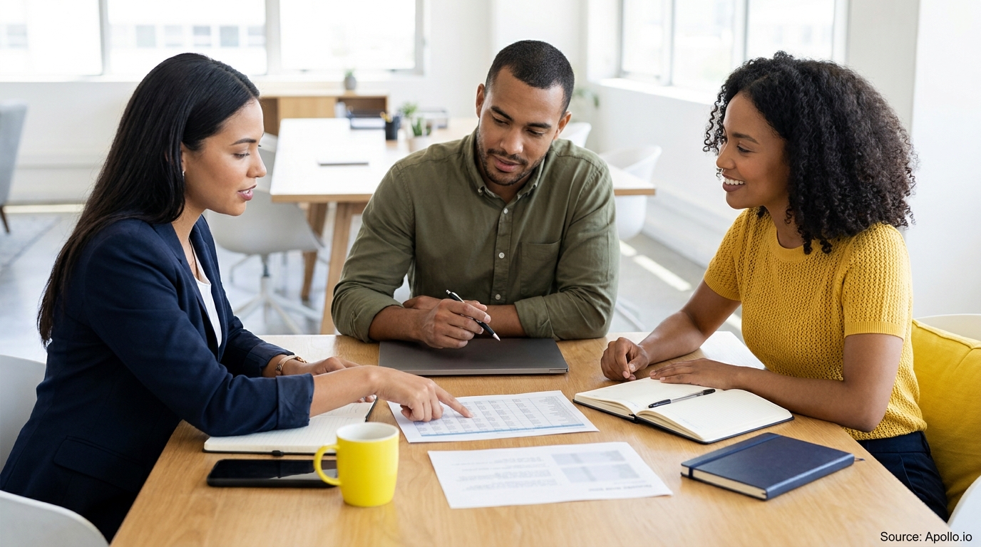 Three diverse professionals review documents at a light wooden table in a bright office.