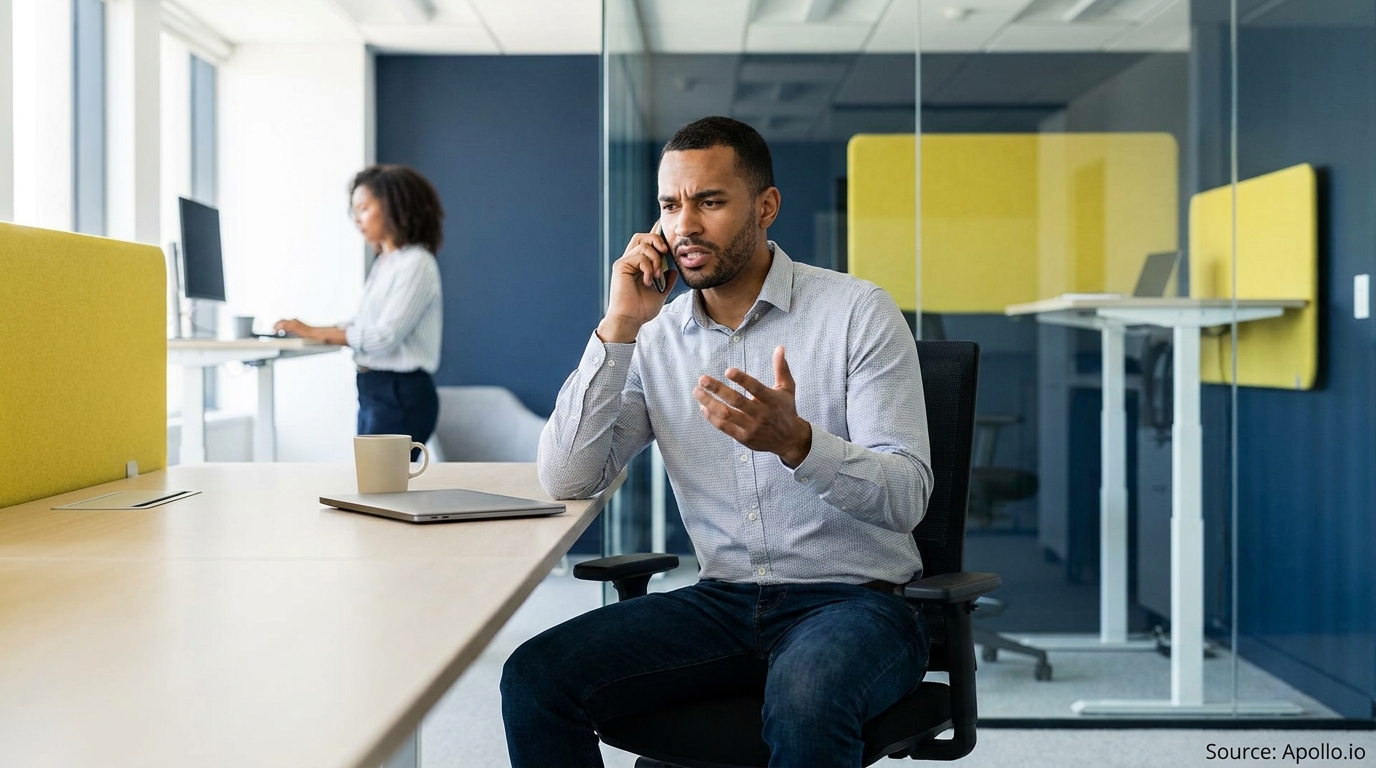 Man on phone call gestures at desk while woman works at standing desk in office.