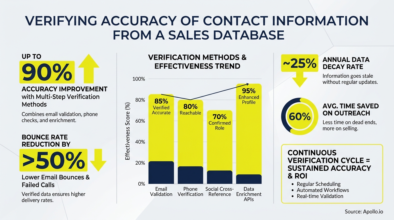 Infographic illustrates methods and effectiveness for verifying sales database contact information accuracy.