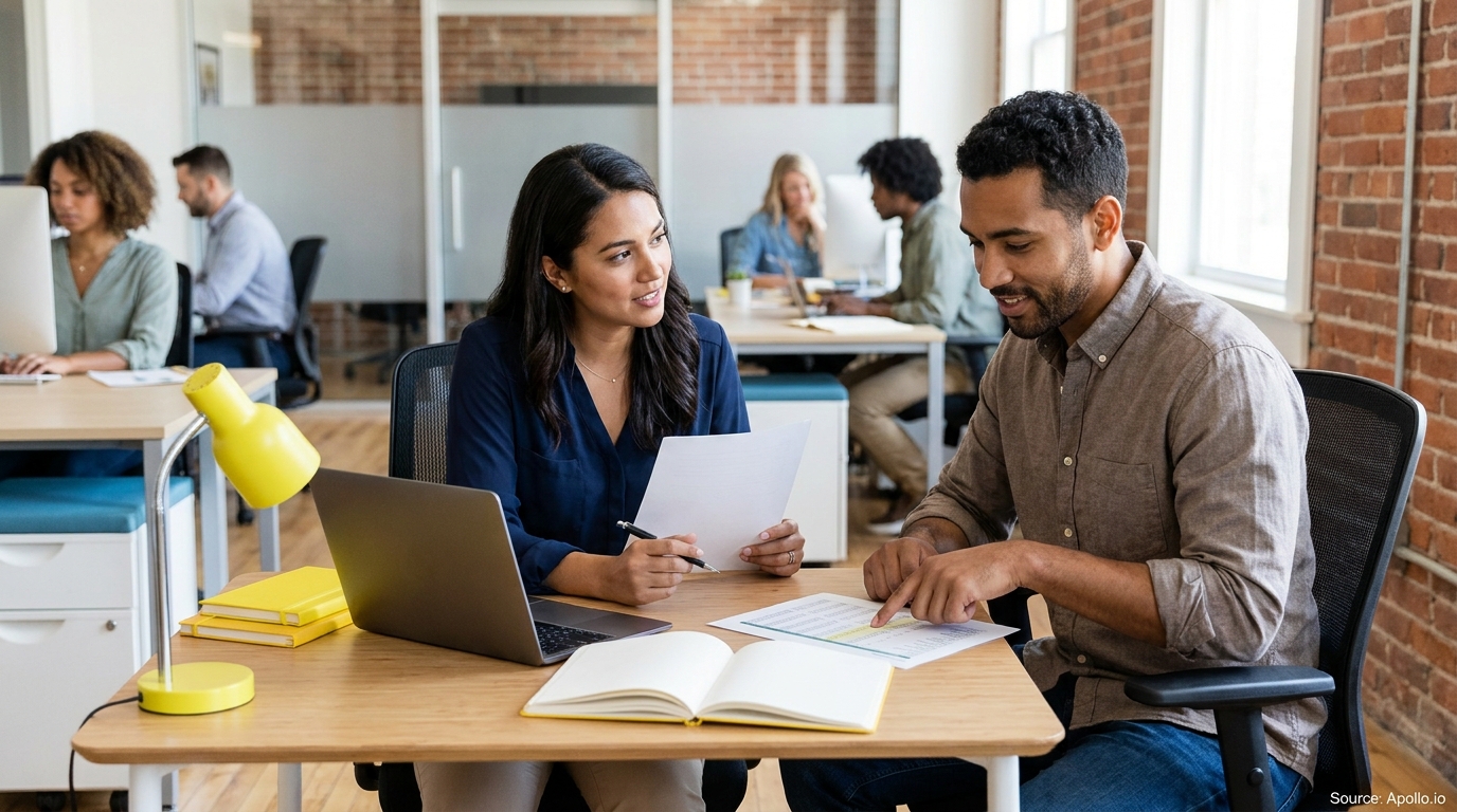 Two professionals discuss documents, one pointing, at a desk in a modern office.