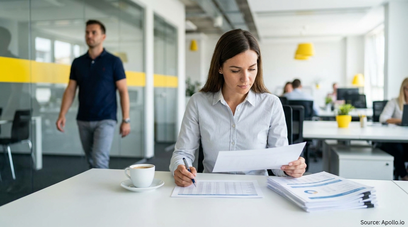 A woman reviews data on papers at an office desk, while a man walks by.