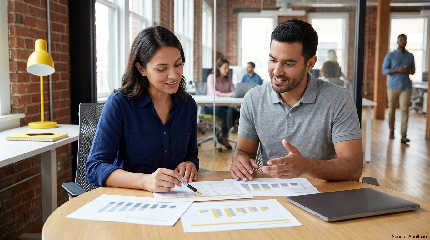 Two professionals discuss charts and documents at a modern office table.