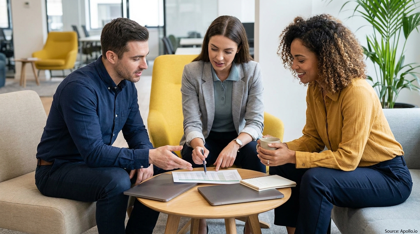 Three colleagues discuss a document at a coffee table in a modern office.