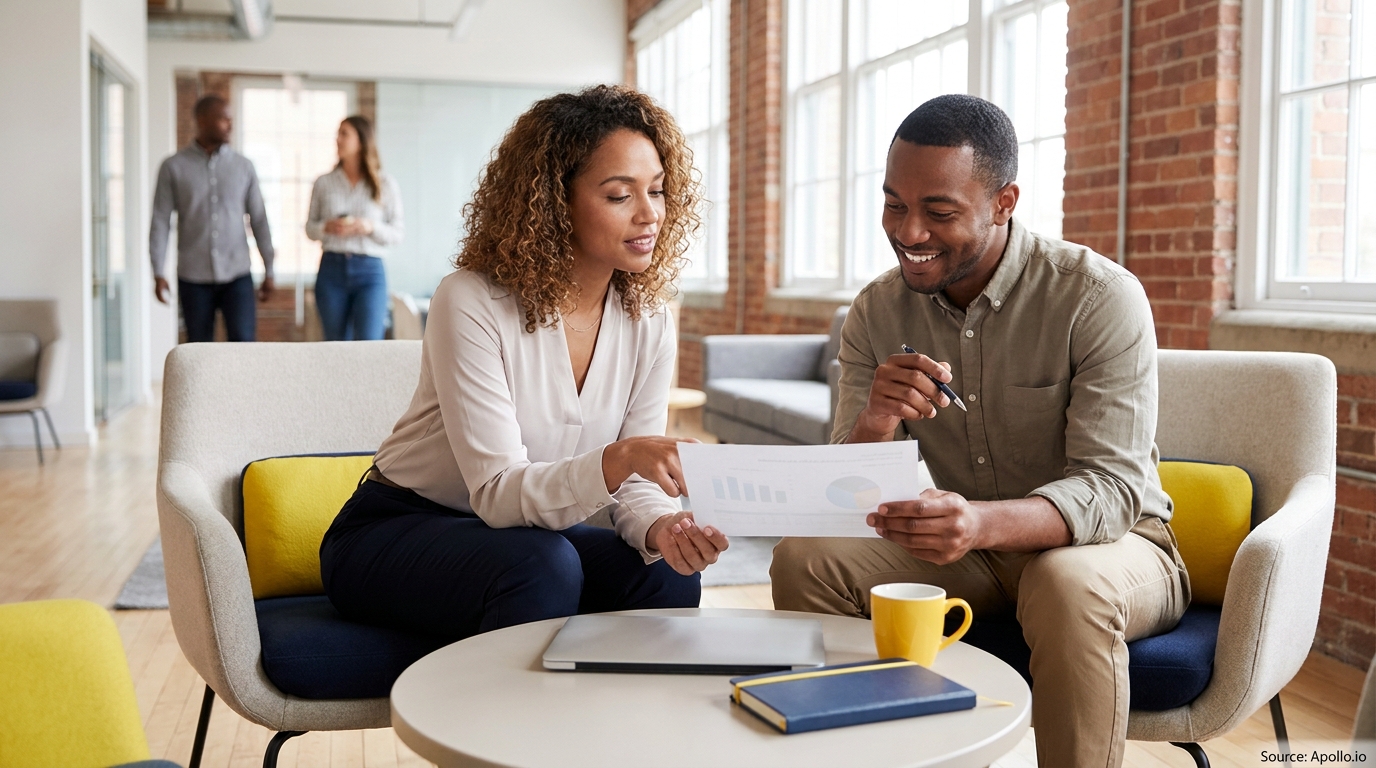 Two professionals discuss a document with charts in a modern office lounge.
