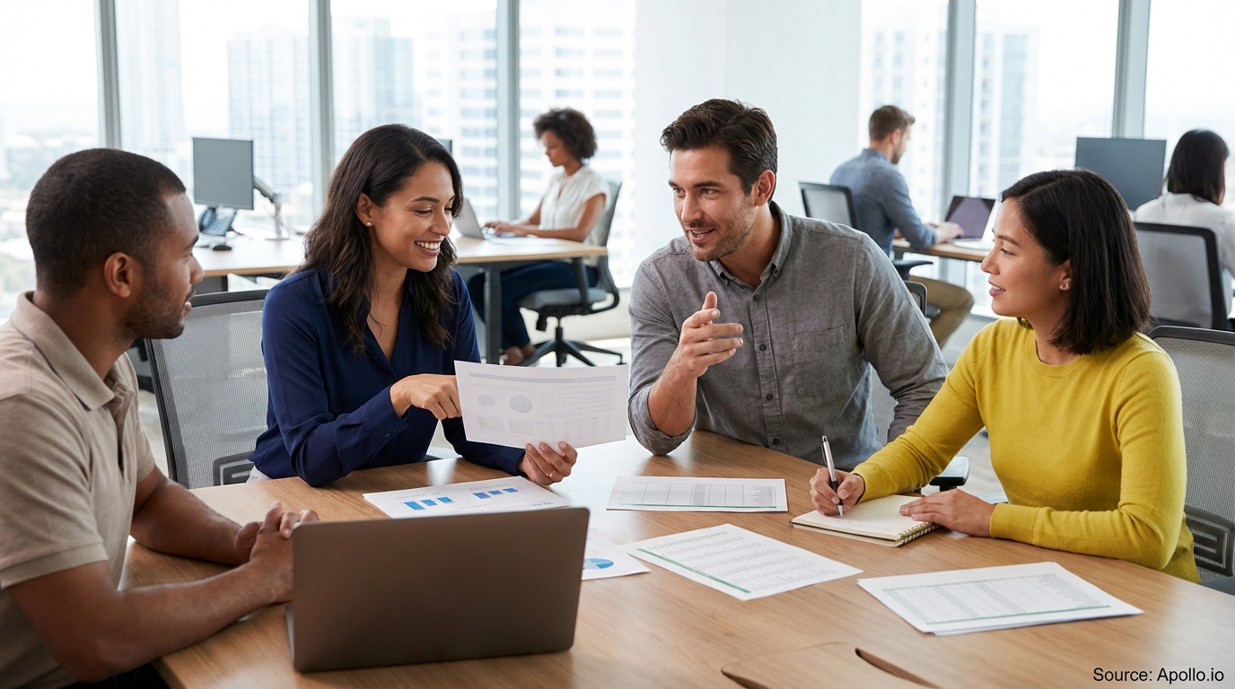 Four diverse professionals collaborate at a modern office table, reviewing documents and a laptop.