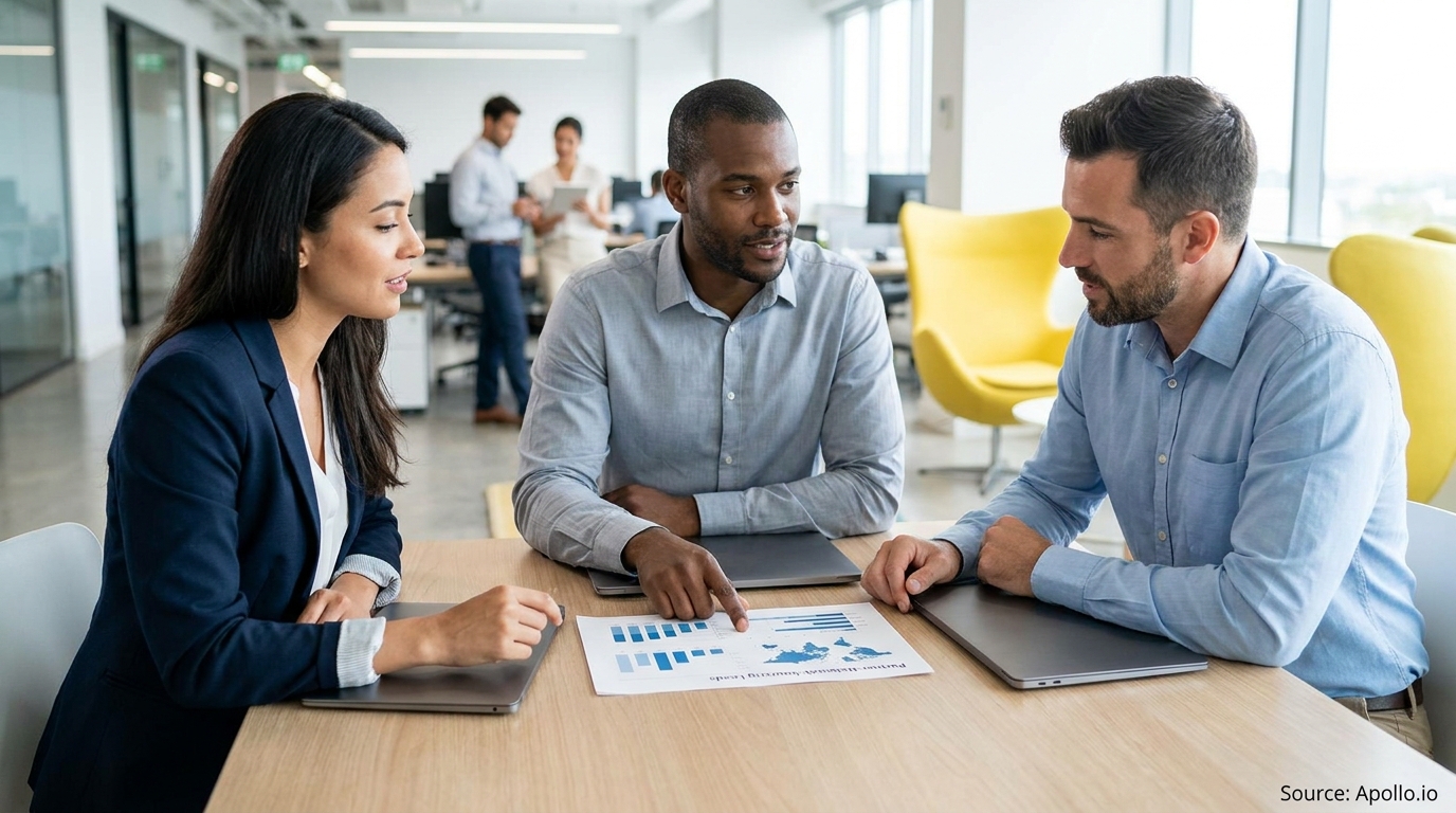 Three professionals discuss partnership and lead data on charts at a modern office table.