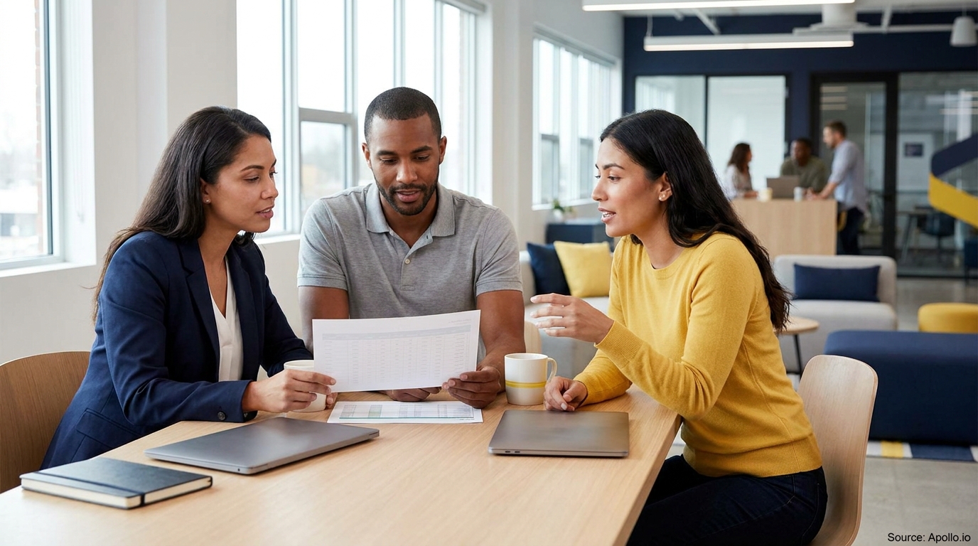 Three professionals review documents and discuss at a modern office table.