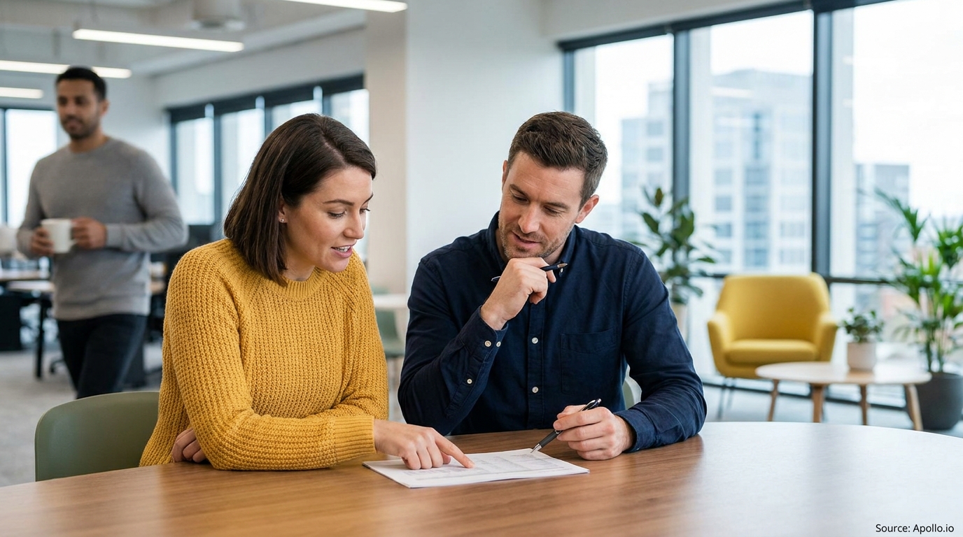 Two colleagues discuss a document at a modern office table, with another person in background.