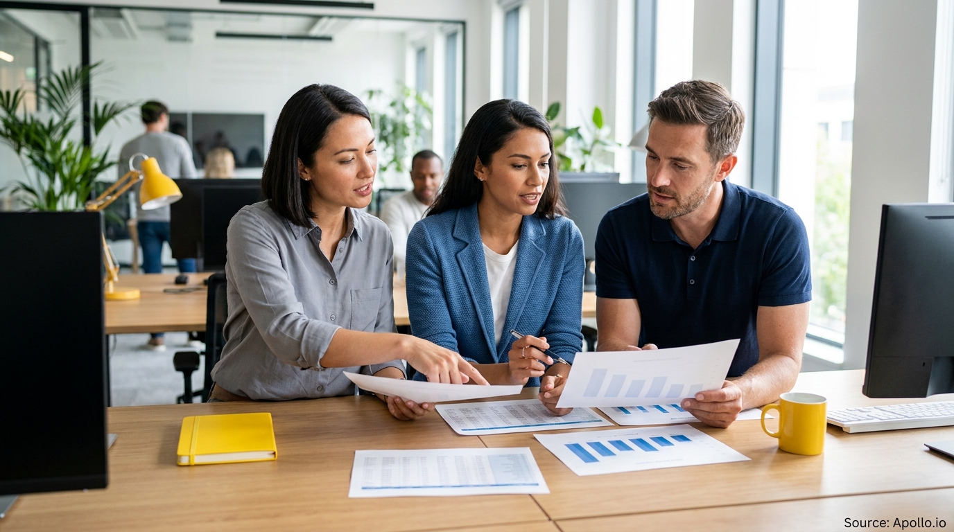 Three professionals discuss charts and documents at a modern office table.