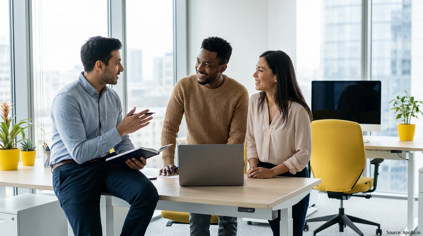 Three colleagues are discussing cheerfully at a bright office desk with a laptop.