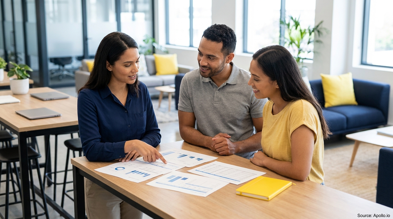 Three professionals review data on documents at a modern office.