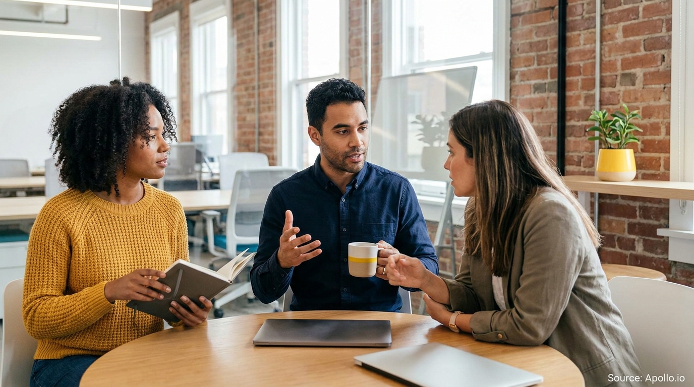 Three professionals discuss at a round office table with notebook and laptops.