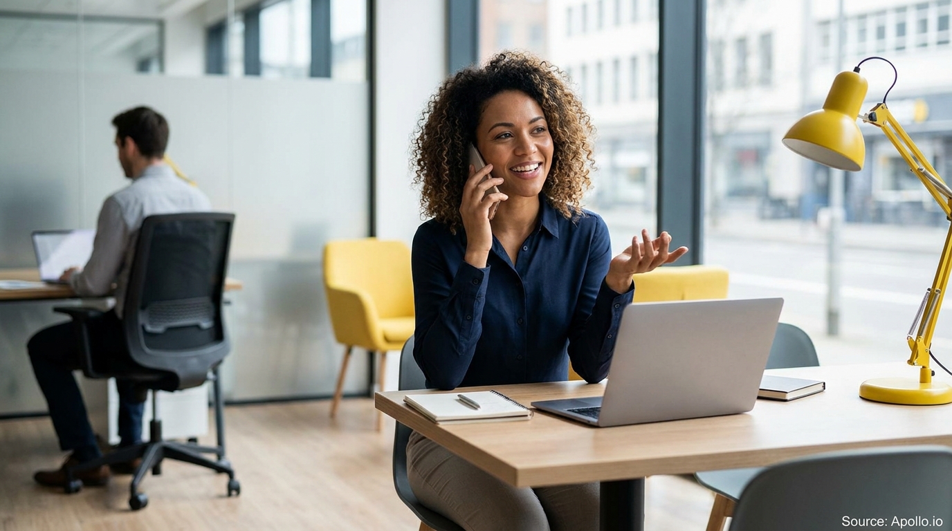 Two people work in a bright, modern office; a woman talks on the phone while a man uses a laptop.