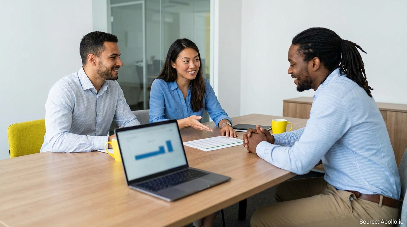 Three professionals discuss a bar chart on a laptop at a bright office table.