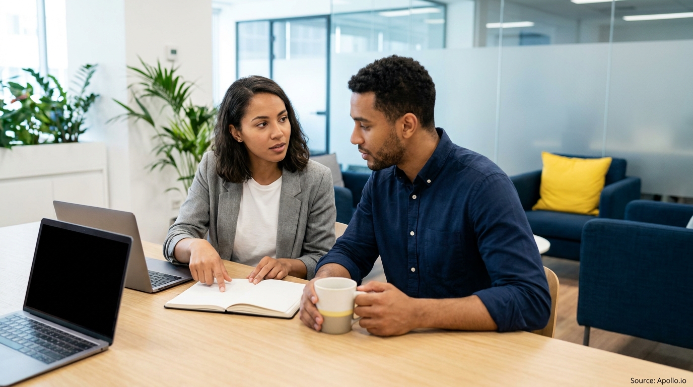 Two professionals discuss notes in a notebook at a modern office table.