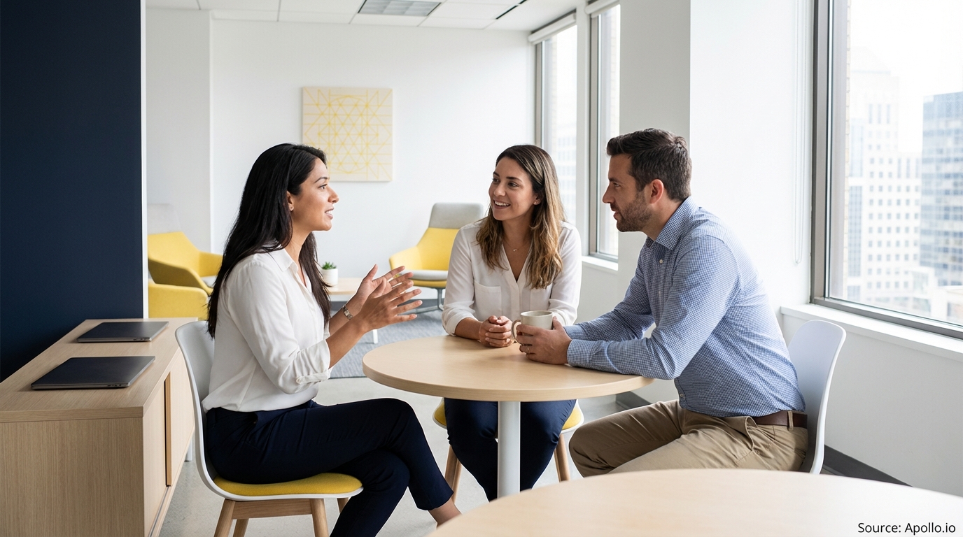 Three colleagues discuss at a bright modern office table with city views.