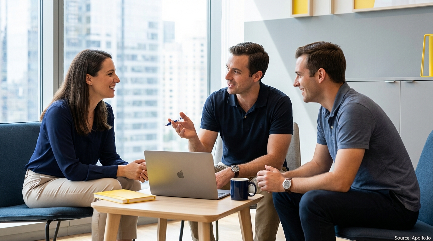 Three colleagues engage in a lively discussion around a laptop in a modern office.