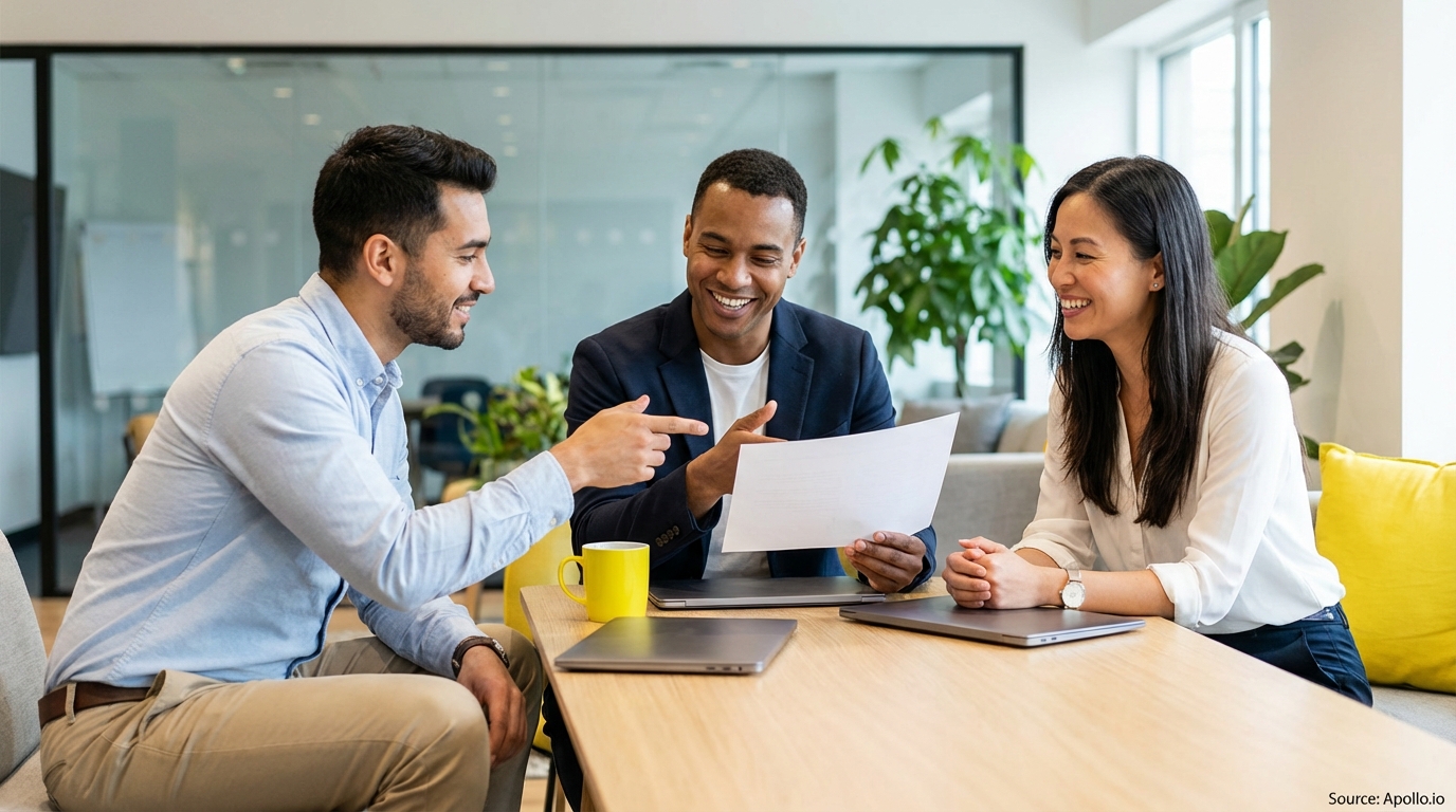 Three diverse professionals smiling and discussing documents at a modern office table.
