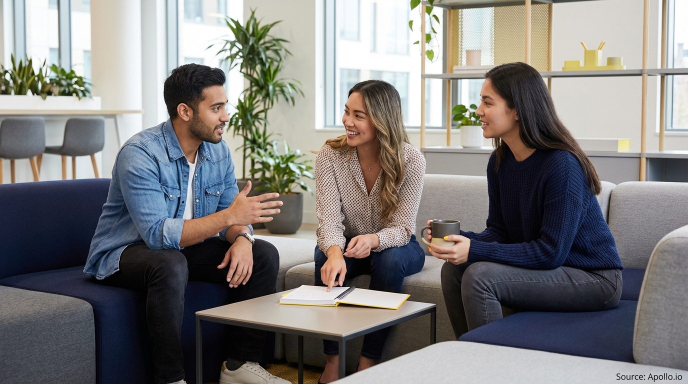 Three colleagues discuss, one pointing at a notebook, in a bright modern office lounge.
