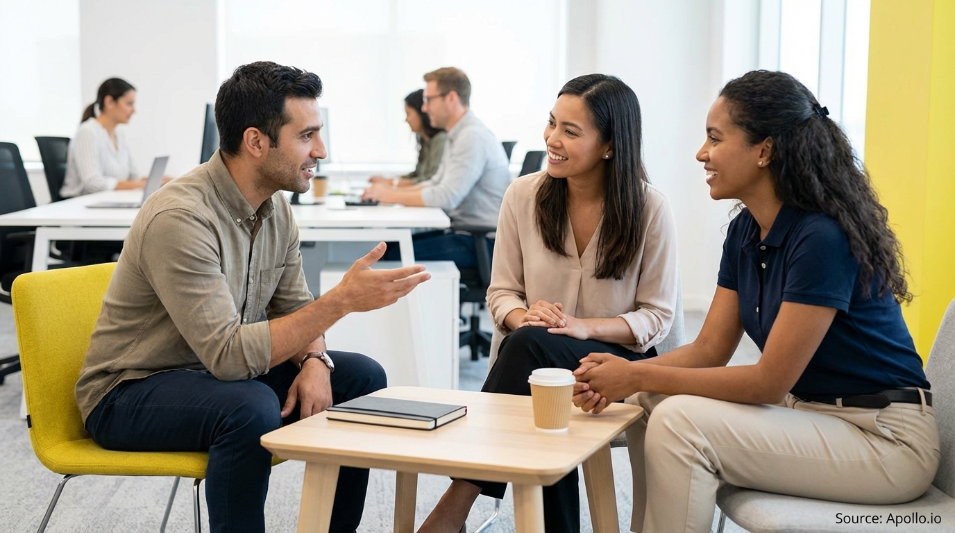 Three colleagues talk and smile around a coffee table in a modern office.