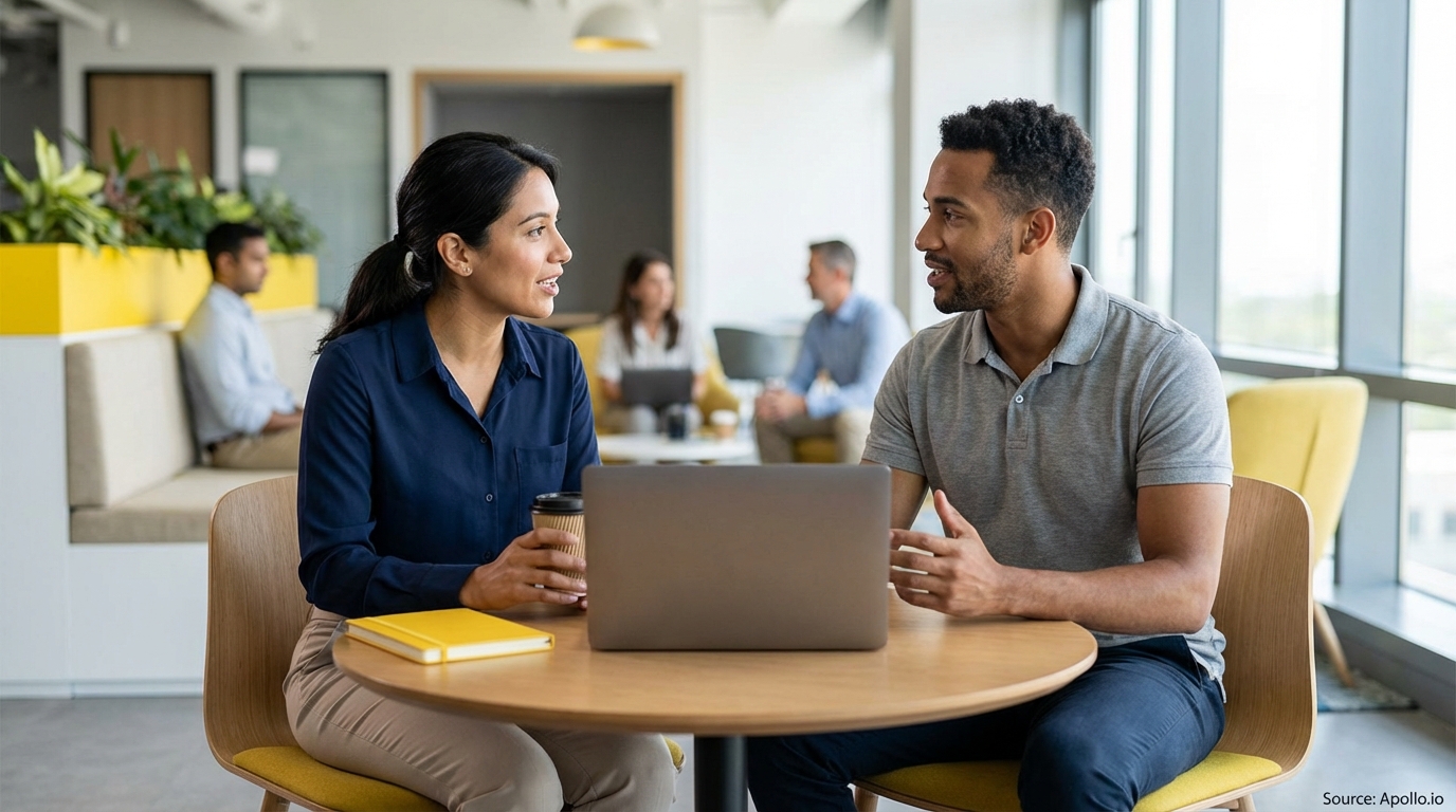 Two professionals talk over a laptop and coffee at a table in a modern office.