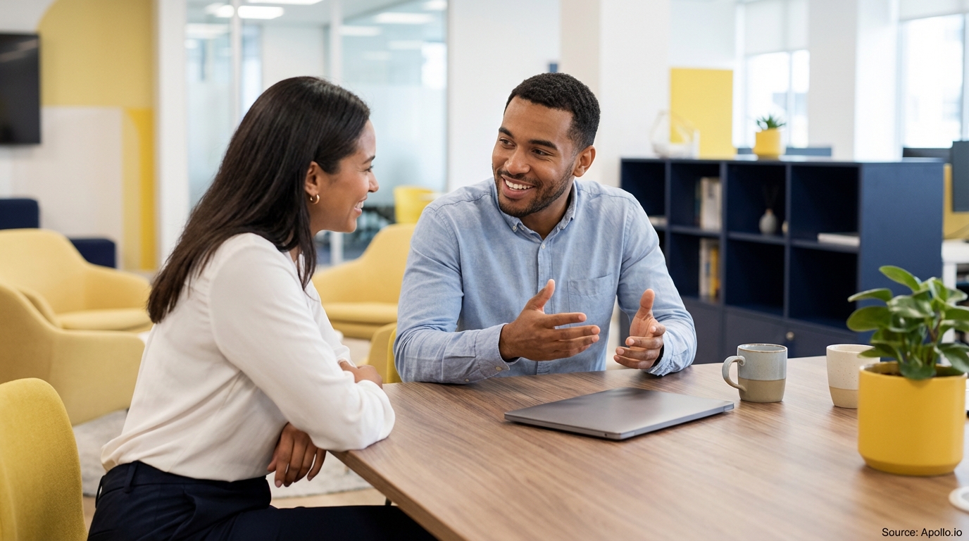 Two smiling professionals talk at a modern office table with a laptop and plant.