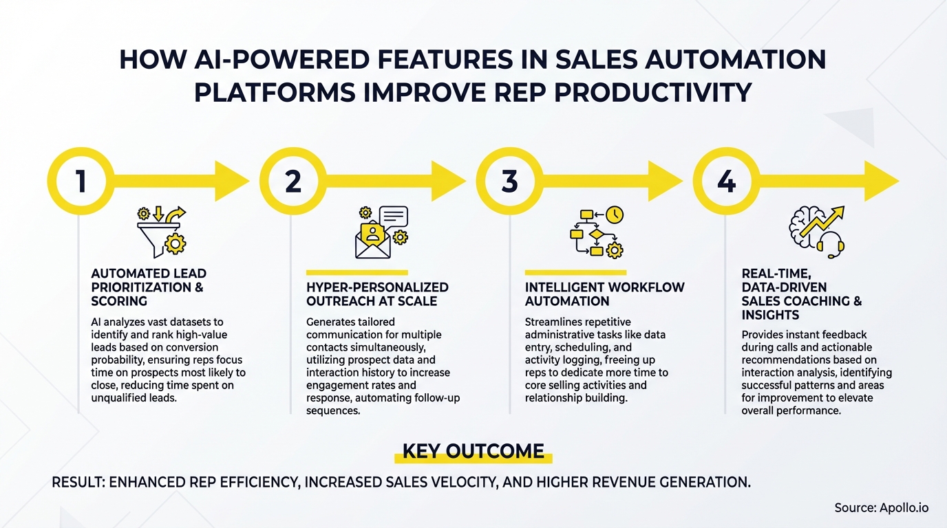 Four-step process infographic detailing how AI features boost sales representative productivity.