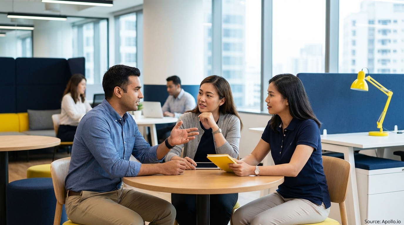 Three professionals collaborating at a modern office table.