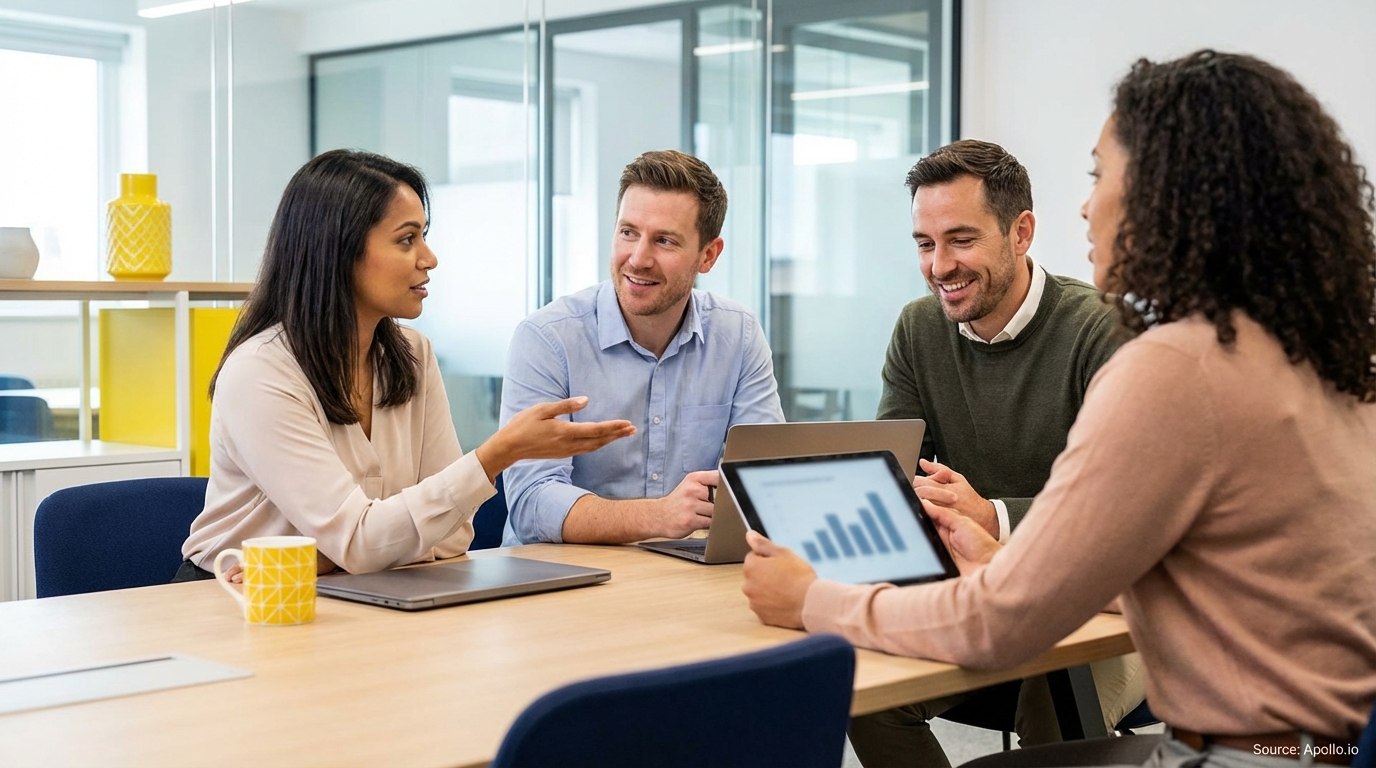 Four business people in a modern office meeting, one presenting data on a tablet.