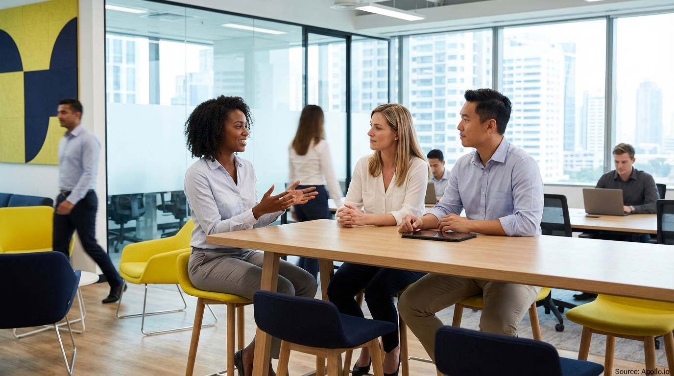 Three professionals conversing at a table in a modern office with others working.