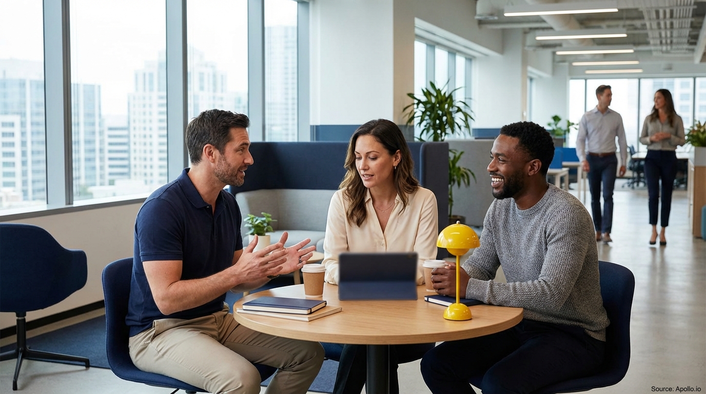 Three professionals discuss at a table in a modern office with city views.