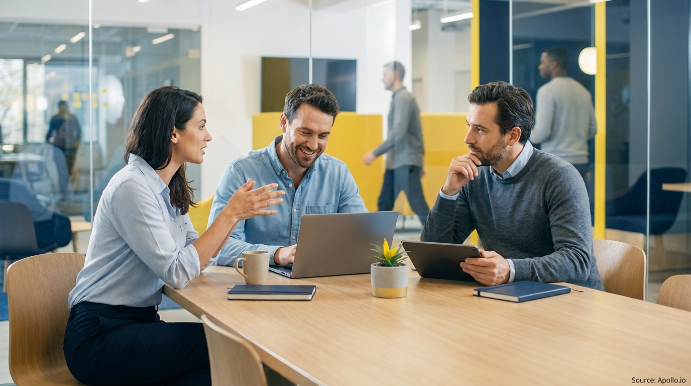 Three colleagues collaborating with tech devices in a modern office.