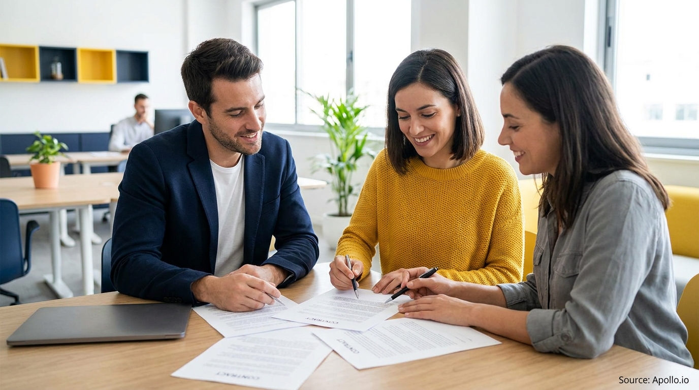 Three smiling professionals review contracts at a modern office table with a laptop.