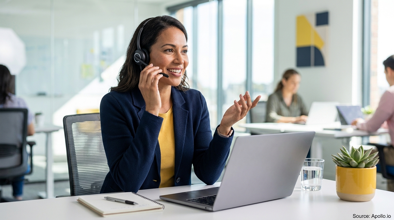 Smiling woman on a headset speaks while using a laptop in a bright office with colleagues.
