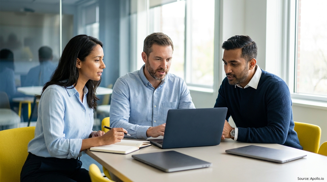 Three professionals collaborate, two viewing a laptop, one taking notes at an office table.
