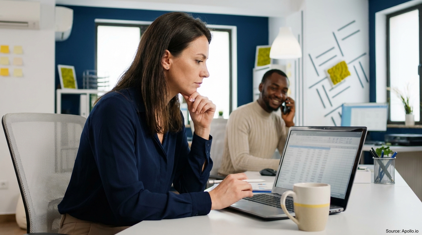 Two people in an office: a woman focused on her laptop, a man smiling and talking on the phone.