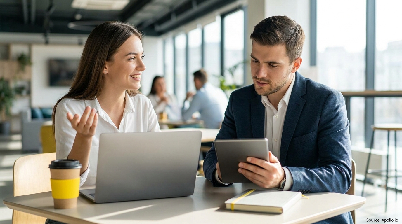 Two colleagues collaborating in a bright office, using a laptop and tablet.