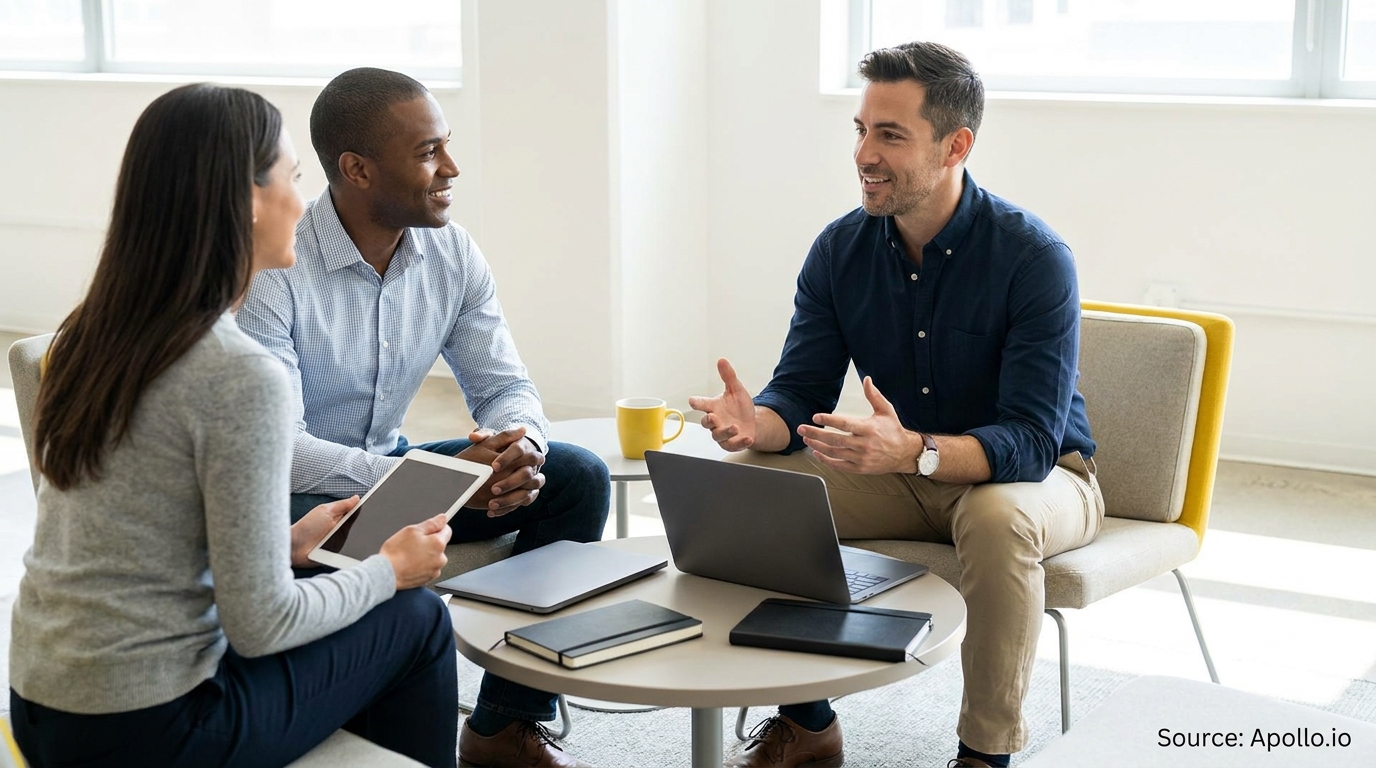 Three professionals discuss a project around a table with a laptop and tablet in a modern office.