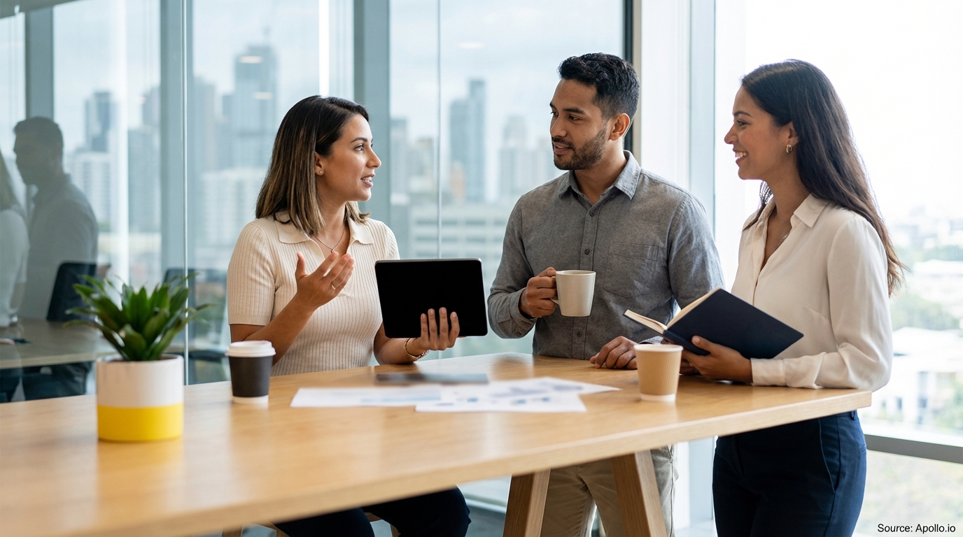 Three professionals discuss around a table in a modern office with city views.