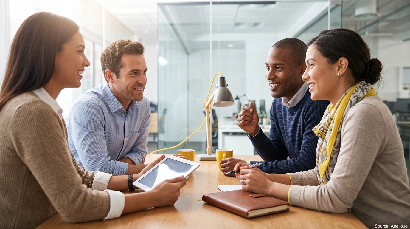 Four professionals collaborating at a modern office table, one holding a tablet.