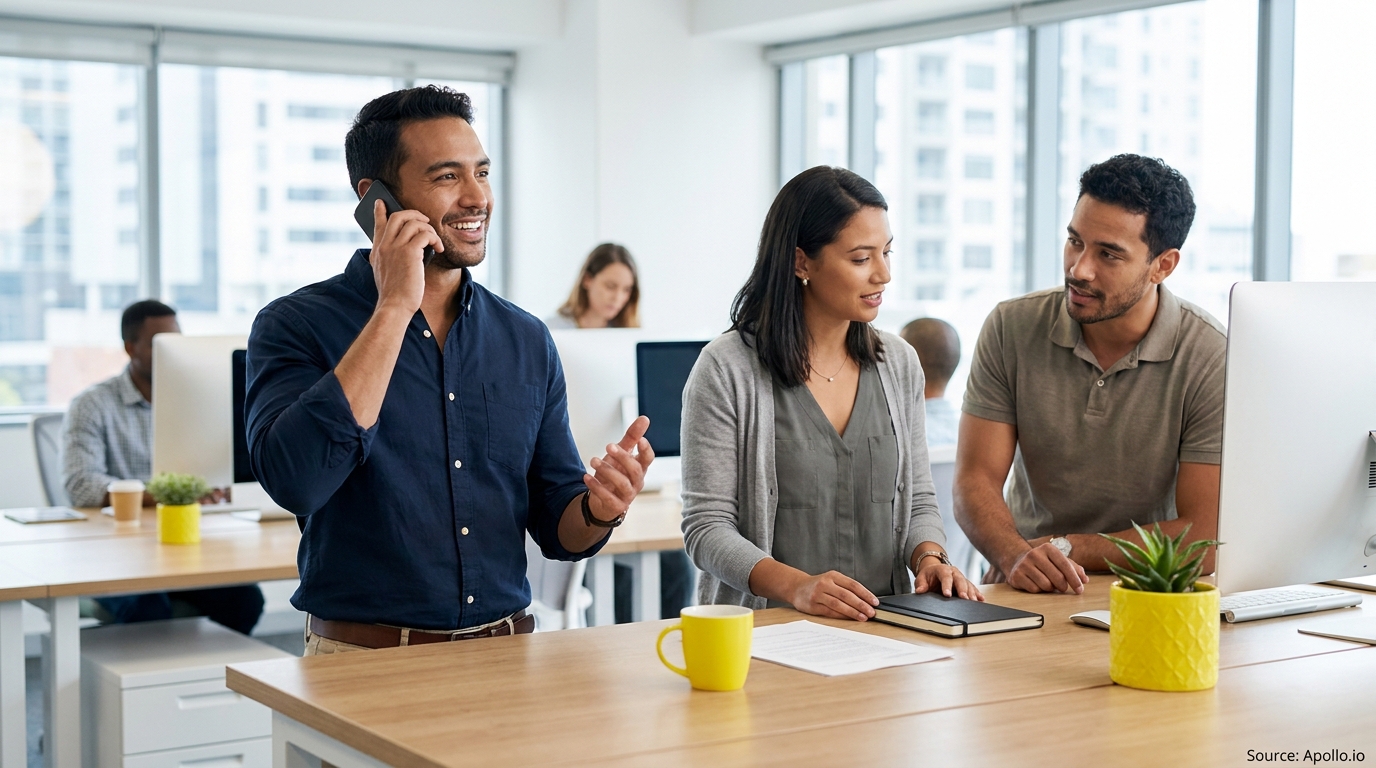 Three colleagues discuss at a modern office desk, one talking on a phone.