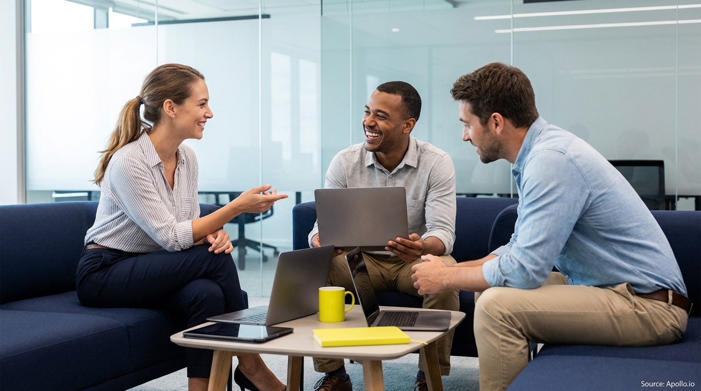 Three professionals discuss work in an office lounge with laptops.