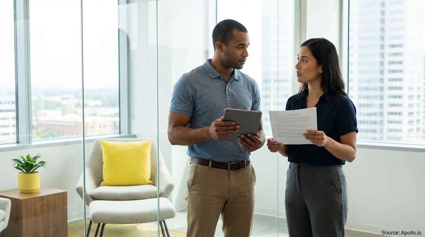 Two business professionals converse in a modern office with large windows, holding a tablet and papers.