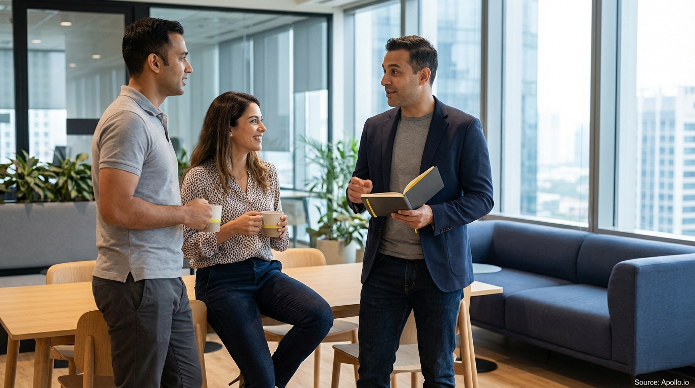 Three professionals discuss work in a bright, modern office with city views.
