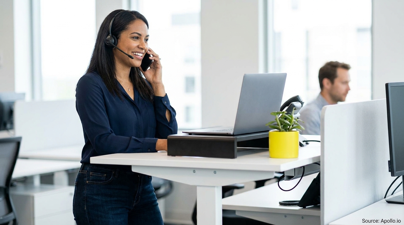 Smiling woman wearing a headset talks on a phone at a standing office desk with a laptop.