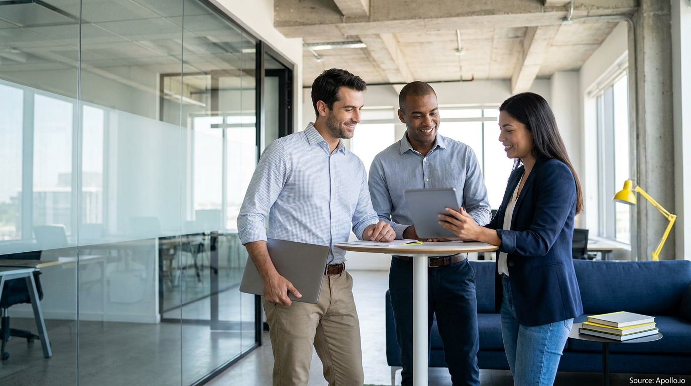 Three smiling colleagues discuss content on a tablet at a standing table in a modern office.
