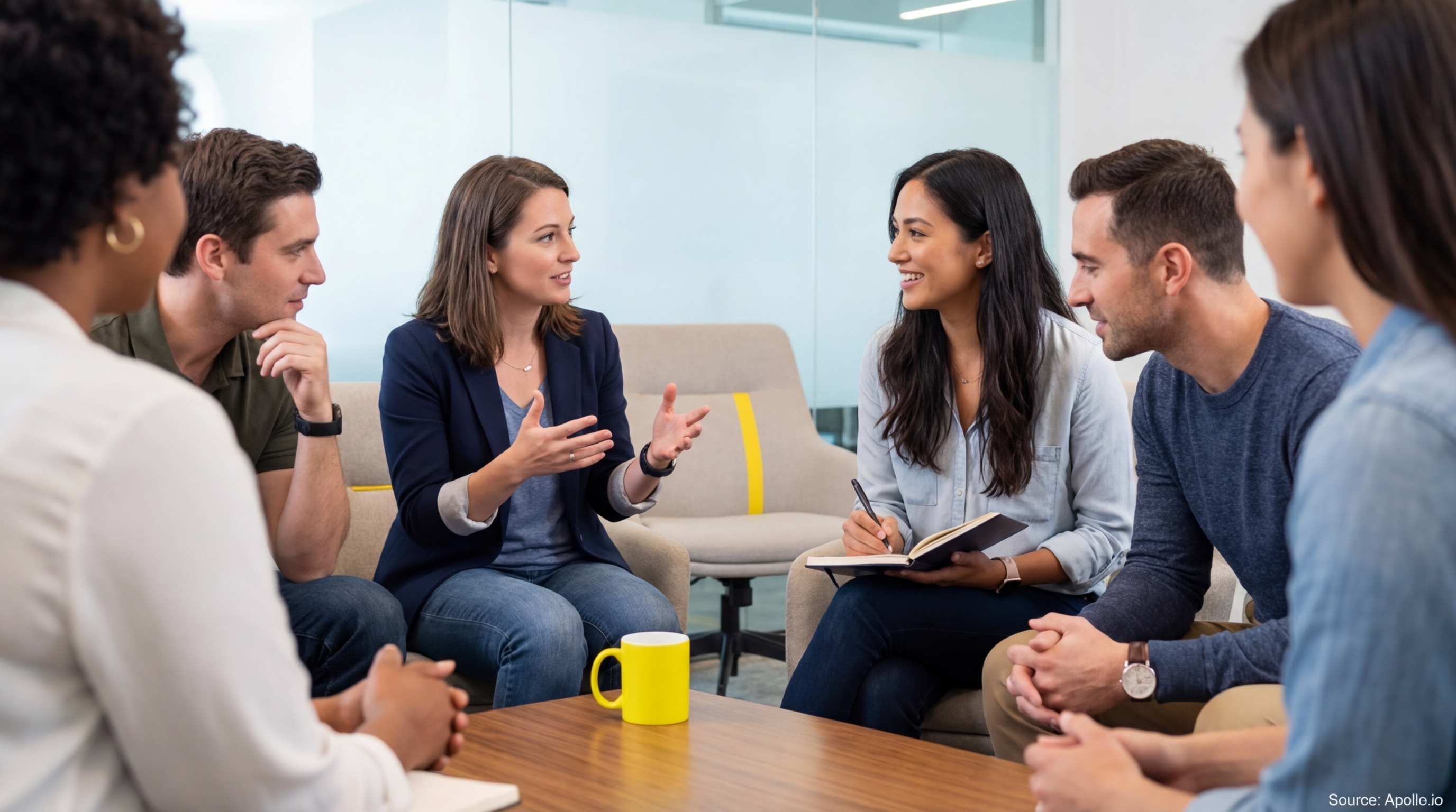 Six professionals collaborate around a coffee table in a bright, modern office.