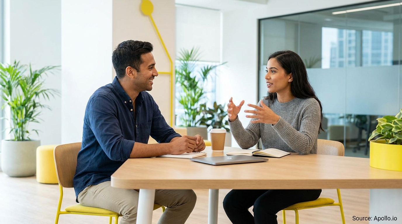 Two professionals discuss at a modern office table with a laptop, notebooks, and coffee.