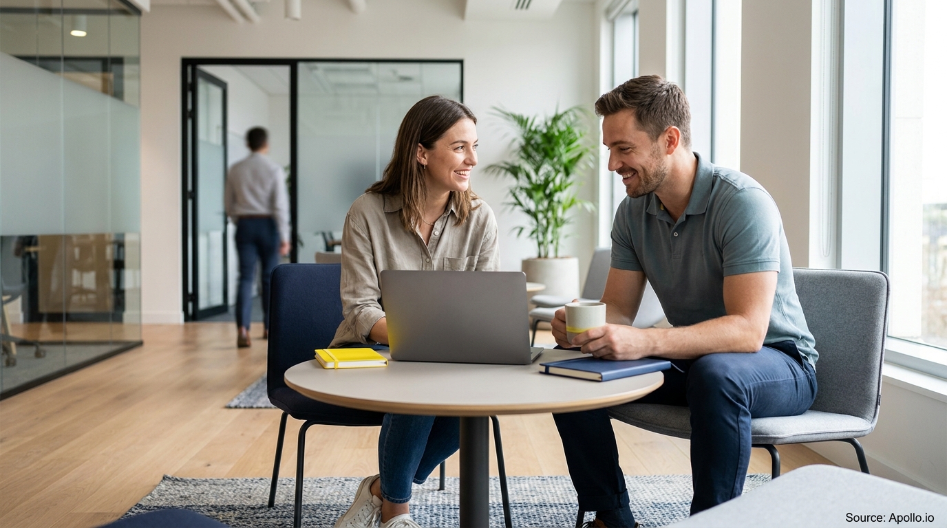 Two smiling professionals discuss work at a table with a laptop in a bright office.